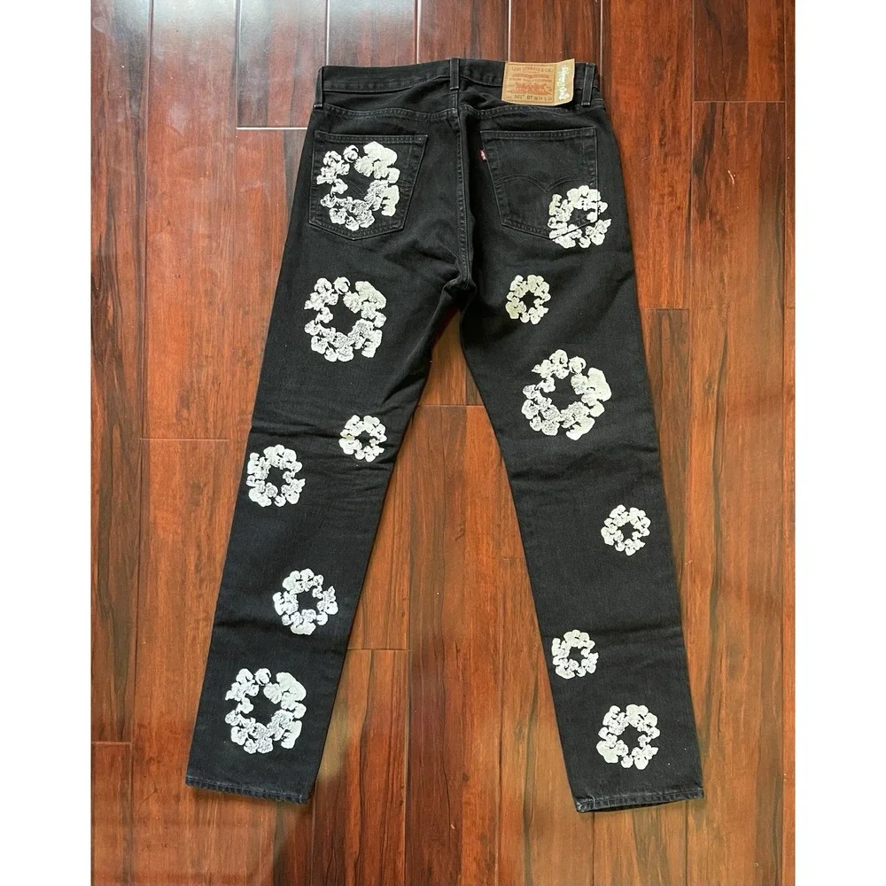 Levi's x DENIM TEARS 501 Black Cotton Wreath Denim Jeans 34W x 34L Preowned
